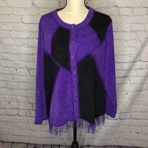 Canyon Road Purple & Black Faux Suede Patchwork Button Up Fringe Jacket 2X NWT